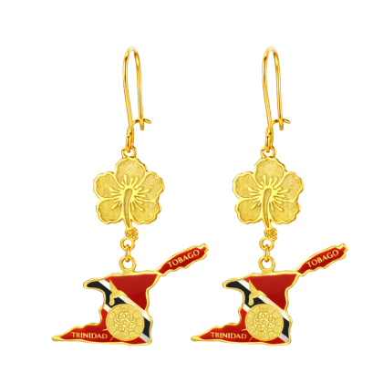 Hibiscus with Patriot Trinidad Map Short Hanging Earring