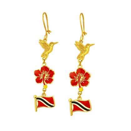Humming Bird, Hibiscus, T&T Flag Short Hanging Earring