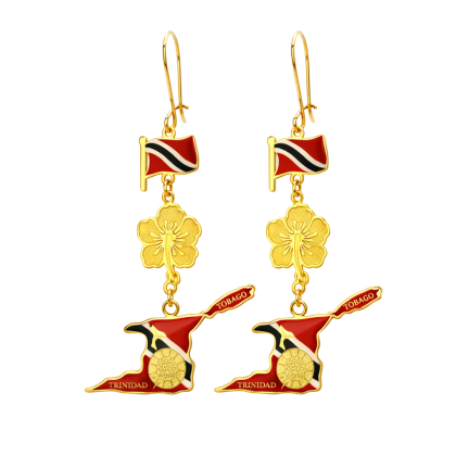 T&T Flag, Hibiscus, Patriot Trinidad Map Short Hanging Earring