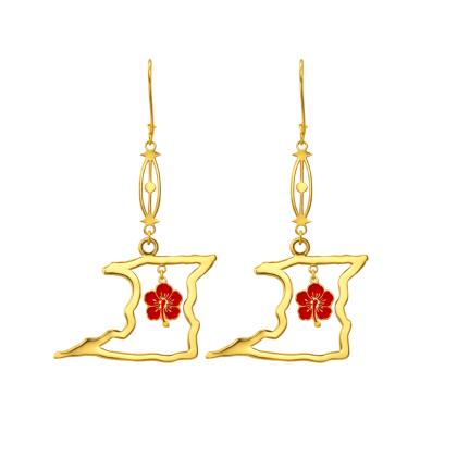 Trinidad Coast Outline with Hibiscus Charm Long Hanging Earring